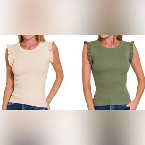 2 - Zenana Outfitters Ruffled Ribbed Tank Tops - Cream and Green